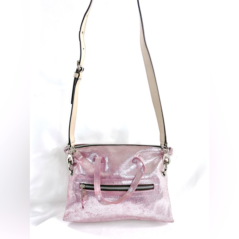 Vin Baker Pink Metallic Leather Mini Small Shoulder Bag Tan Strap Made USA Rare